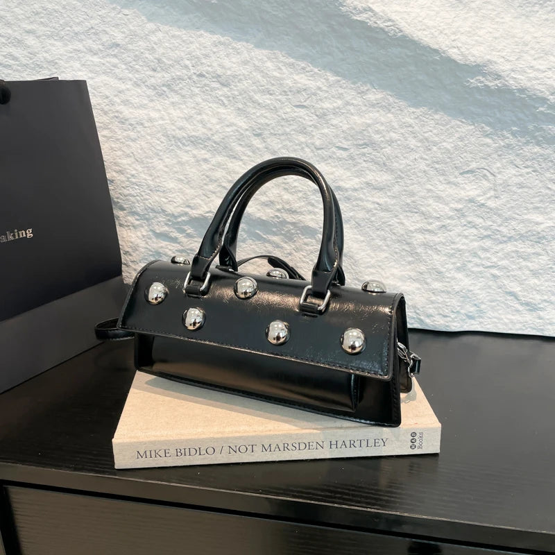 Classic Pu Leather Shoulder Bag for Women Fashion Studded Beading Crossbody Bags Vintage Handbag Small Square Satchel (Black)