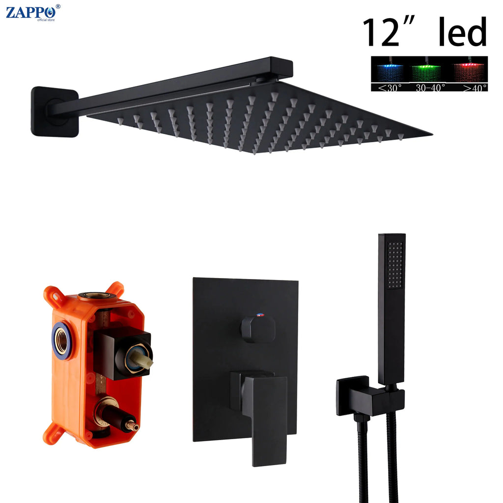 ZAPPO Black Shower Set Wall Mounted Shower Faucet Mixer 8/10/12/16 inch Rainfall Shower Head Bathroom Shower Systerm Tap
