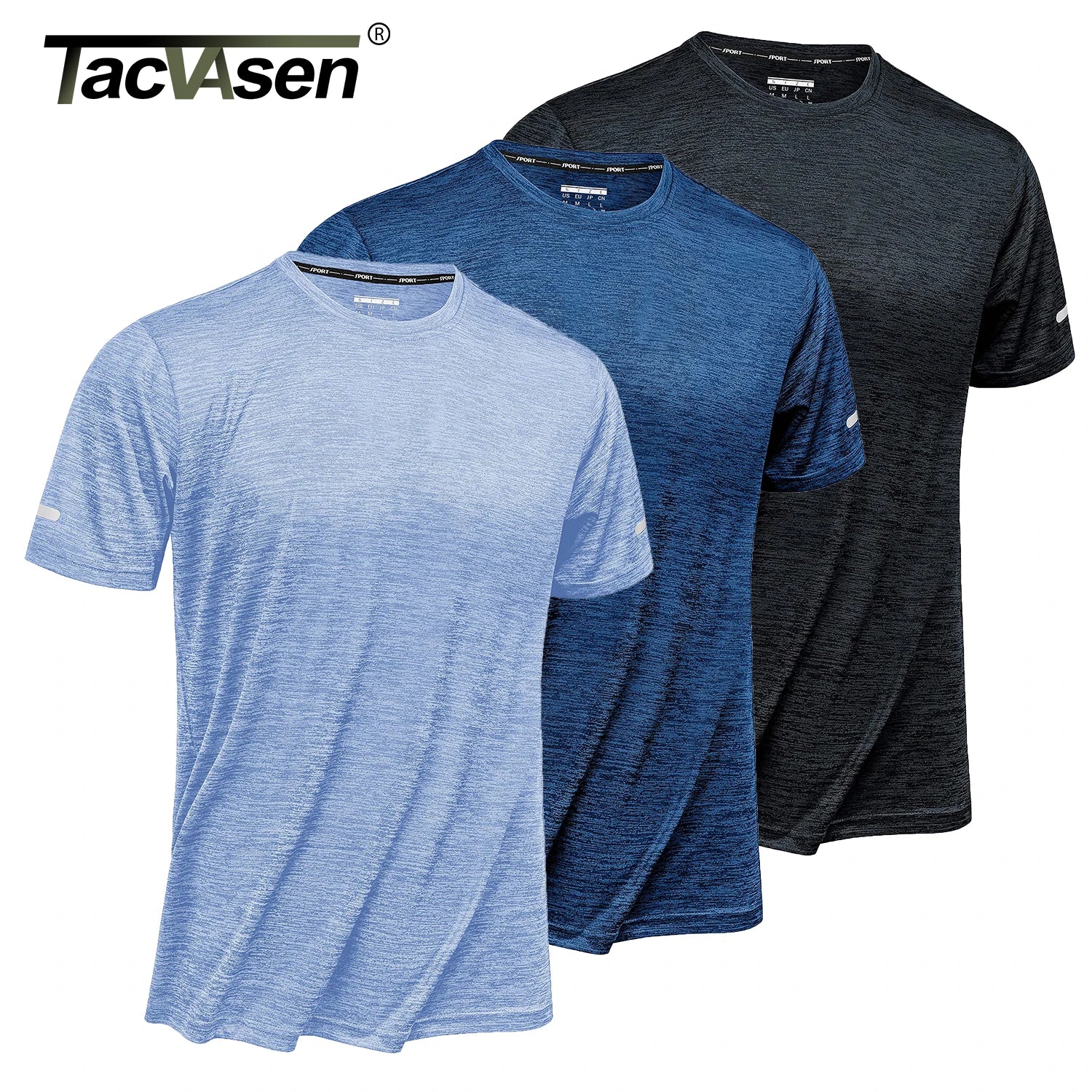 TACVASEN 3 Packs Quick Dry Summer T-shirts Reflective Stripe Men Running Fitness Tops Gym Training Shirt Breathable Sportswear