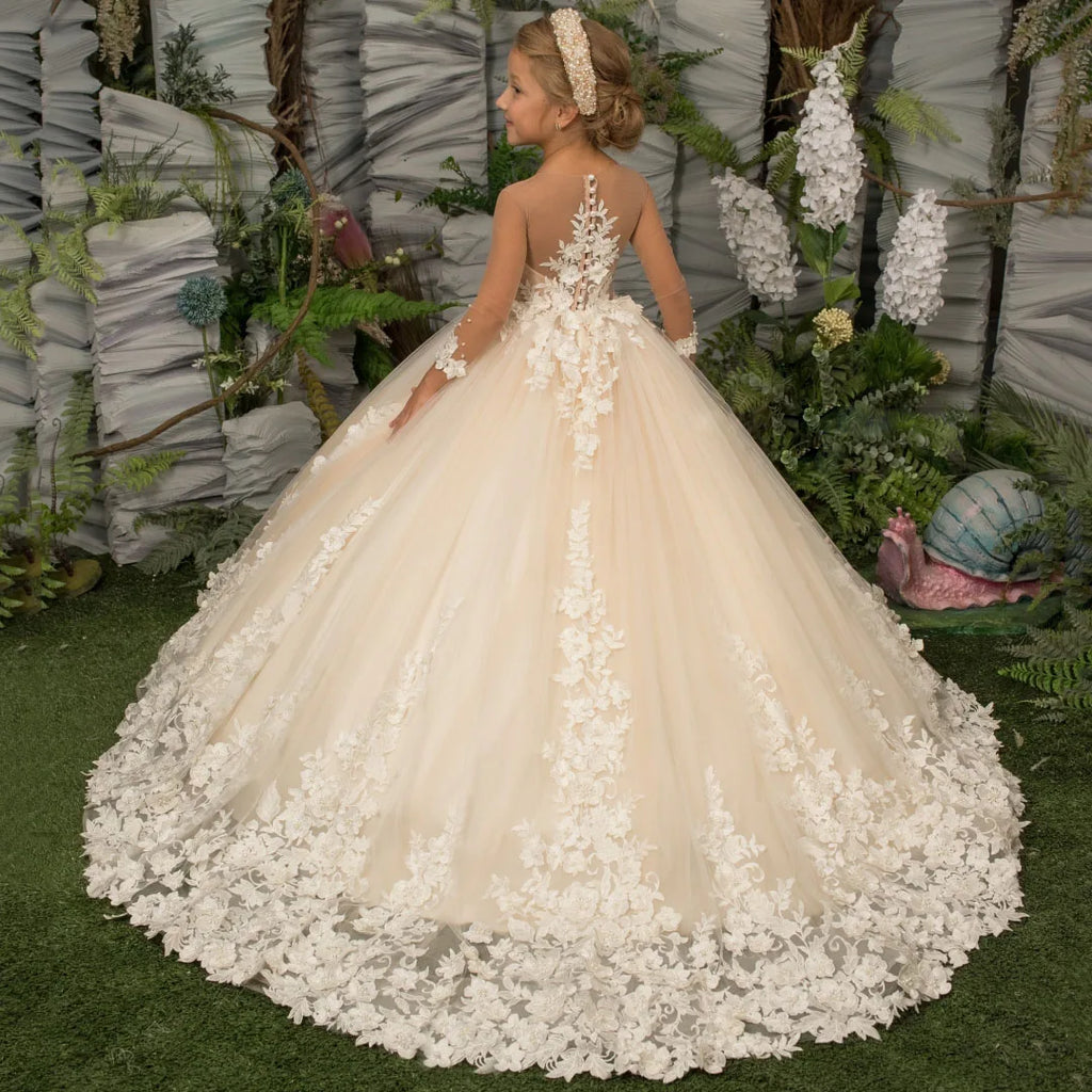 Customized Flower Girl Dress Light Champagne Pearls Floral Appliques Long Sleeve For Wedding Birthday Prom Holy Communion Gown