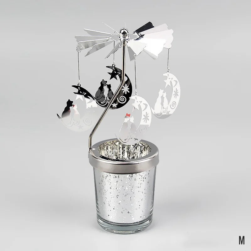 Silver Candle Holder Home Decoration Valentine's Gift Rotating Candlestick Party Decor Romantic Carousel Tea Light Candle Stand