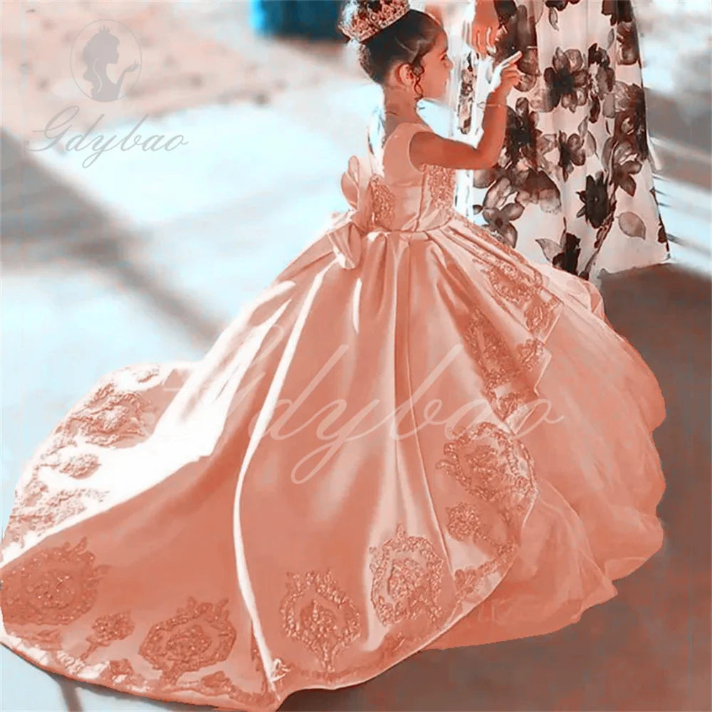 Flower Girl Dresses for Wedding Lace Floral Appliqued Little Girls Pageant Dress Tiered Skirts vestidos de desfile