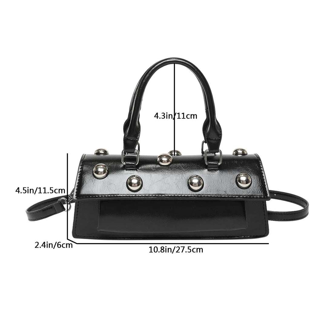 Classic Pu Leather Shoulder Bag for Women Fashion Studded Beading Crossbody Bags Vintage Handbag Small Square Satchel (Black)