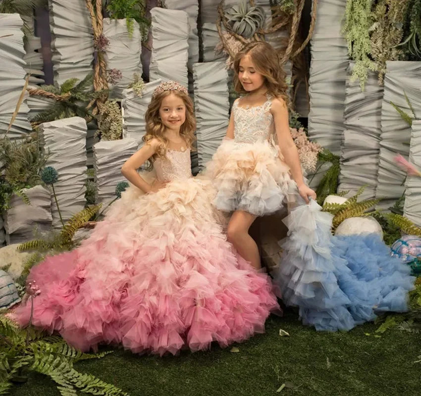 Tiered Tulle Flower Girl Dresses For Wedding With Detachable Train High Low Toddler Girls Pageant Dress Kids Party Ball Gown