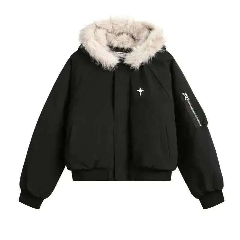 Unisex Winter Warm Fur Collar Hooded Quilted Padded Jacket 2024 Trend New Brown Loose Causal Short Style Cotton-padded Coat