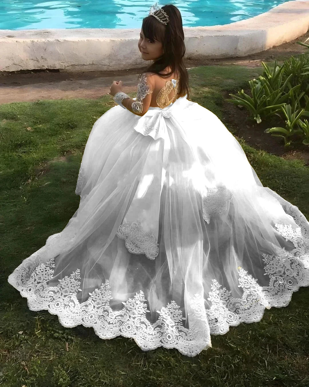 Pink Huge Bow Flower Girl Dresses Full Sleeves Lase Luxury Princess Pageant Dress For Birthday Party Gown First Holy Communion