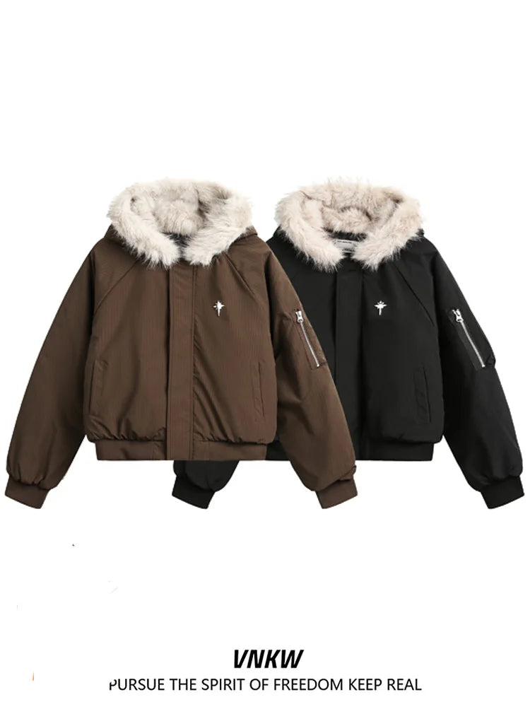 Warm Fce Lined Cotton Jaet Men's Winter Thiened Loose ort Sle Quilted Coat with Fur Collar Casual Youth Faion