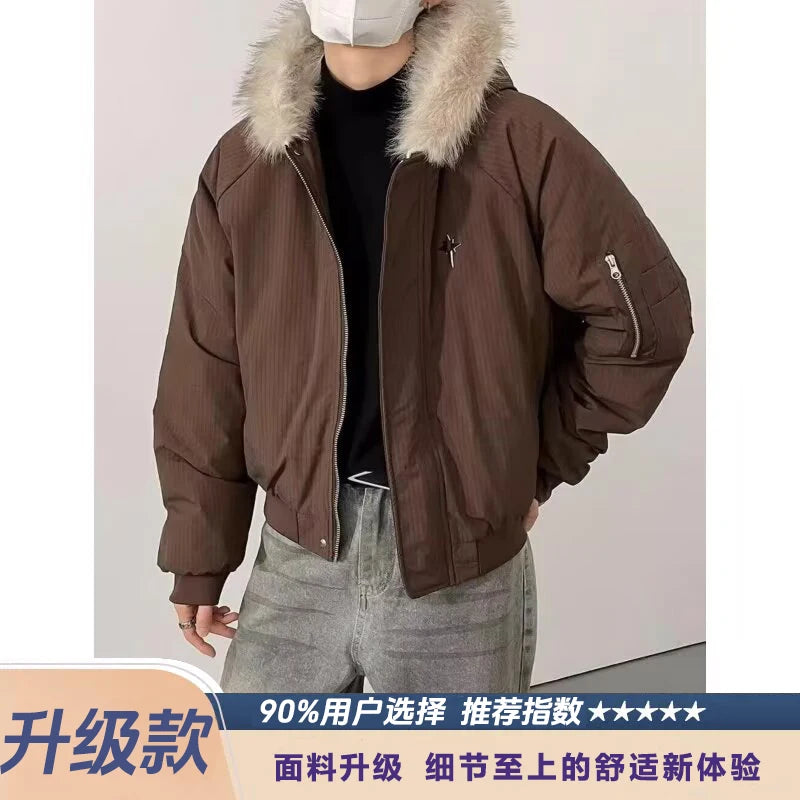 Retro American Cotton Jaet Men's Hooded ort Thiened Large Fur Collar Winter Warm Coat Cleanfit Outerwear Casual Youth