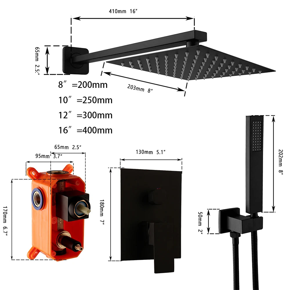 ZAPPO Black Shower Set Wall Mounted Shower Faucet Mixer 8/10/12/16 inch Rainfall Shower Head Bathroom Shower Systerm Tap