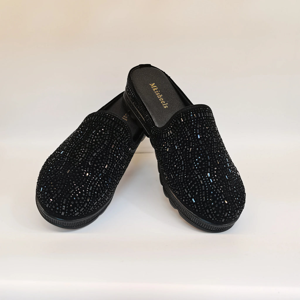 African Popular Luxury Women's Rhinestone Slippers Non-slip height-raising, High-end  Mid-Heel Lady Casual Mullers Shoes F1207-1