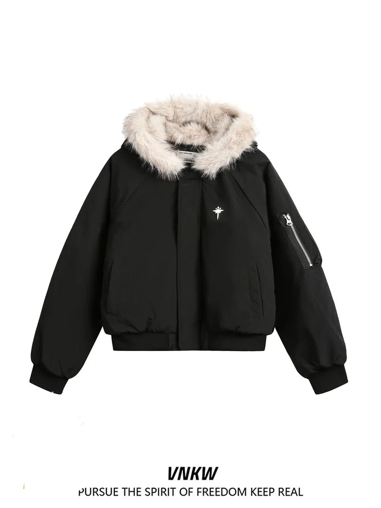 Warm Fce Lined Cotton Jaet Men's Winter Thiened Loose ort Sle Quilted Coat with Fur Collar Casual Youth Faion
