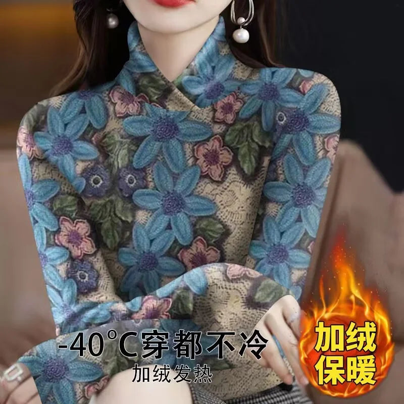 Half High Collar Bottoming Shirt For Women Autumn Winter Plush Warm Pullover Middle-aged Mother Add Velvet Print Tops T-Shirt