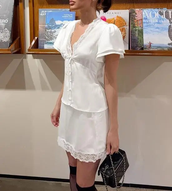 Two Piece Set Women Outfit 2026 Spring Summer New Solid Color Lace Patchwork V-Neck Short Sleeve Top & Casual Mini Skirt Set