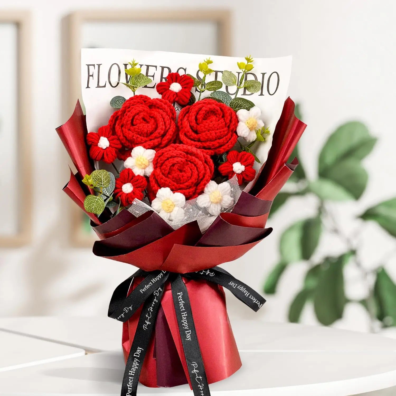 Handmade Crochet Red Rose Flowers Bouquet, Crochet Flower Bouquets for Mother's Day, Valentines, Anniversary, Birthday Gift
