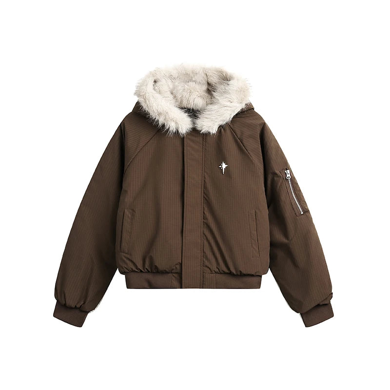 Trendy Thickened Short Cotton Jacket Women's Workwear Hooded Coat Fur Collar Street Style Loose Fit Metal Zipper Poly Fiber
