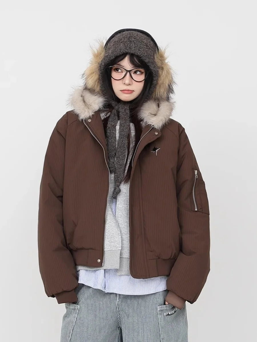 Trendy Thickened Short Cotton Jacket Women's Workwear Hooded Coat Fur Collar Street Style Loose Fit Metal Zipper Poly Fiber