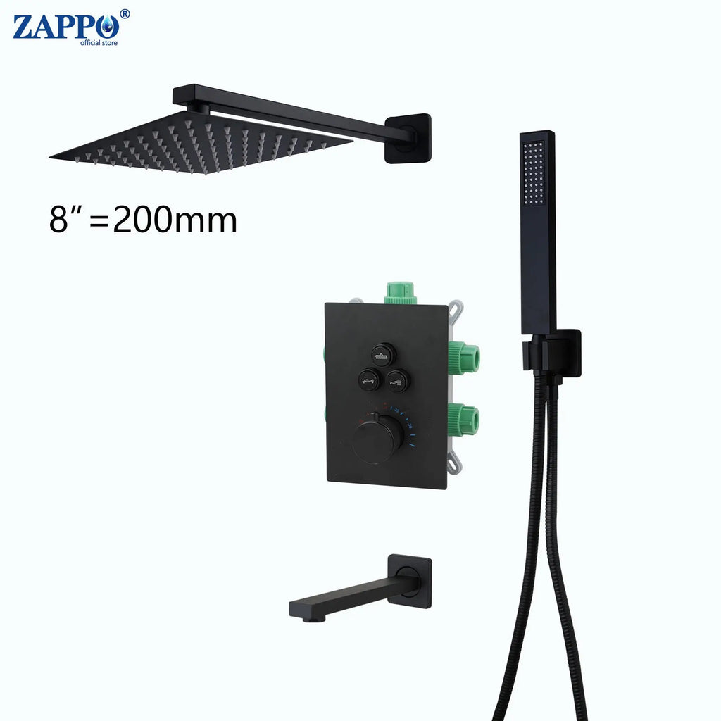 ZAPPO Matte Black Concealed Shower Sets Thermostatic Bathroom Shower Faucet 3 Ways Shower System Rainfall Head Wall Mounted