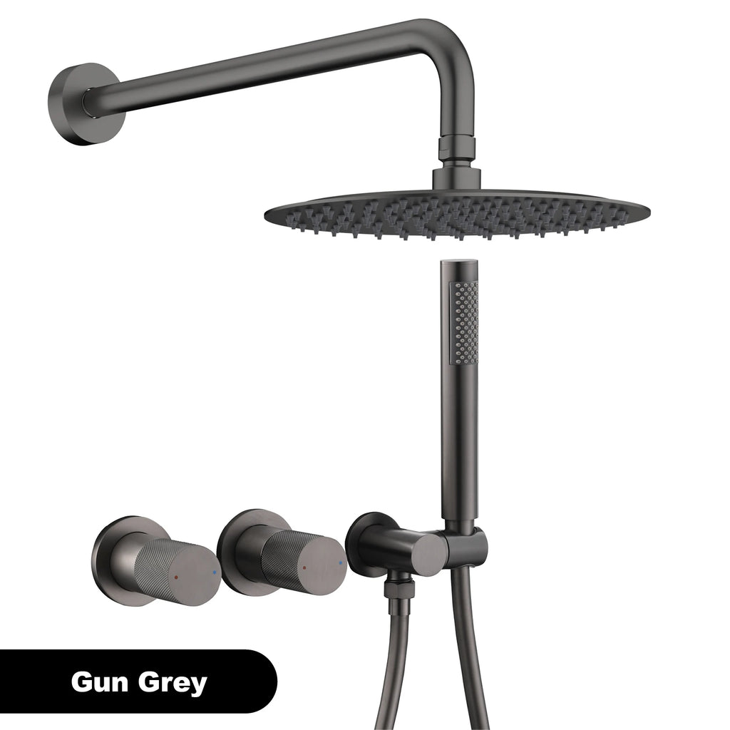 Luxury gun gray brass wall mounted shower system embedded design with 2 handles dual control hot and cold water bathroom faucet