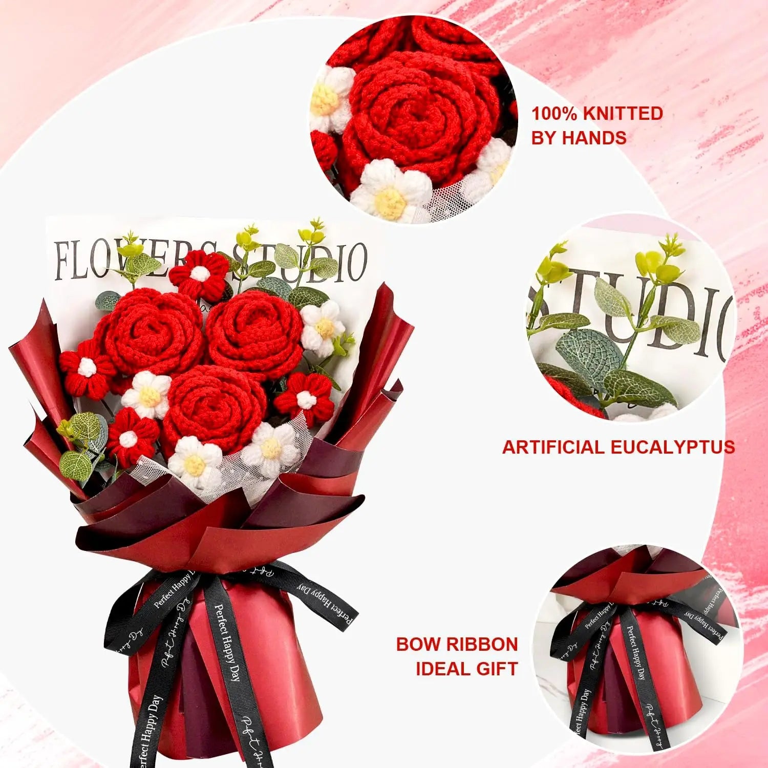 Handmade Crochet Red Rose Flowers Bouquet, Crochet Flower Bouquets for Mother's Day, Valentines, Anniversary, Birthday Gift