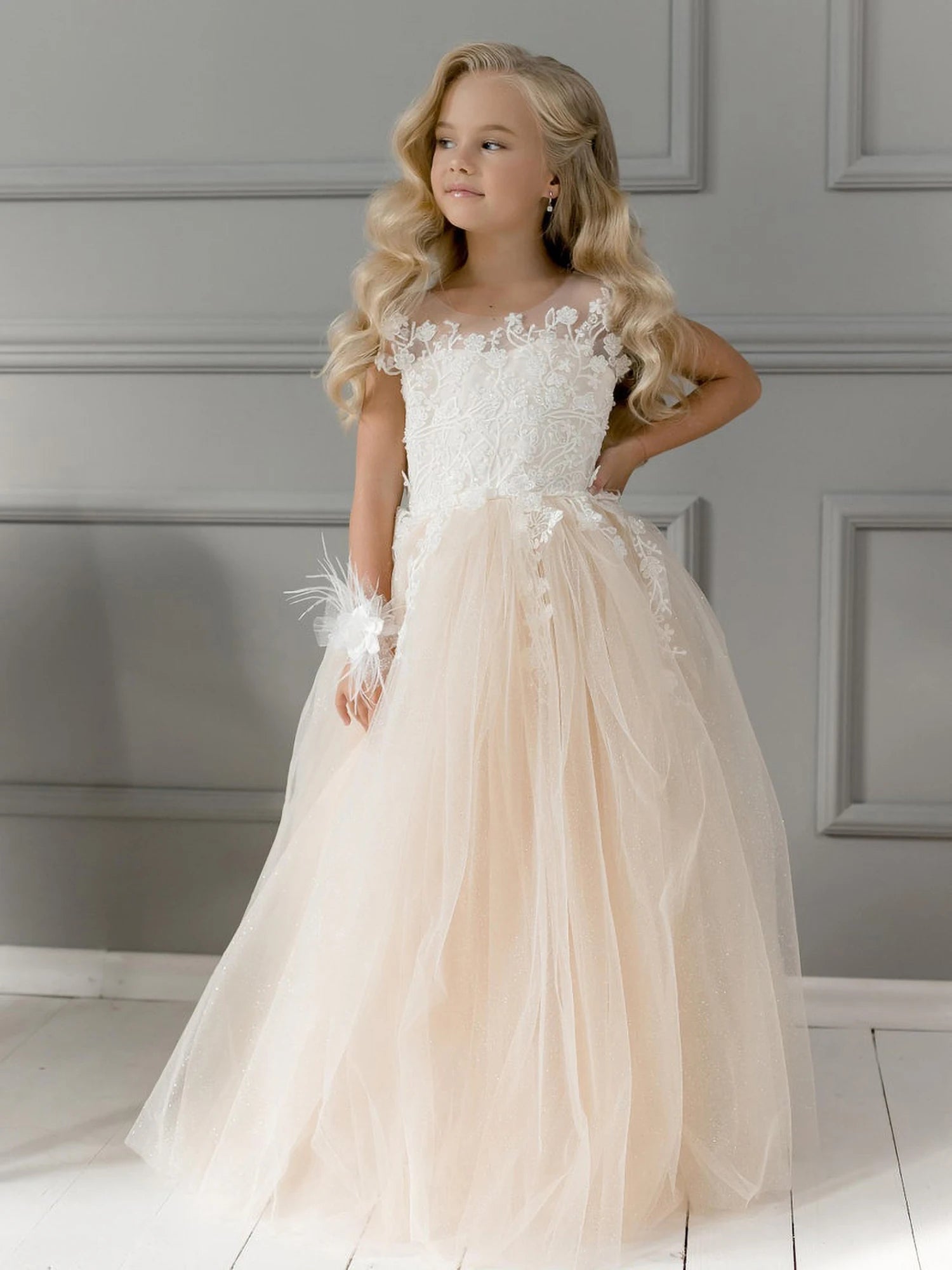 MisShow Flower Girl Dresses Princess For Wedding Party Bow Tie Back Girls Lace Dress For Kids 3-9 Years Ball Gown