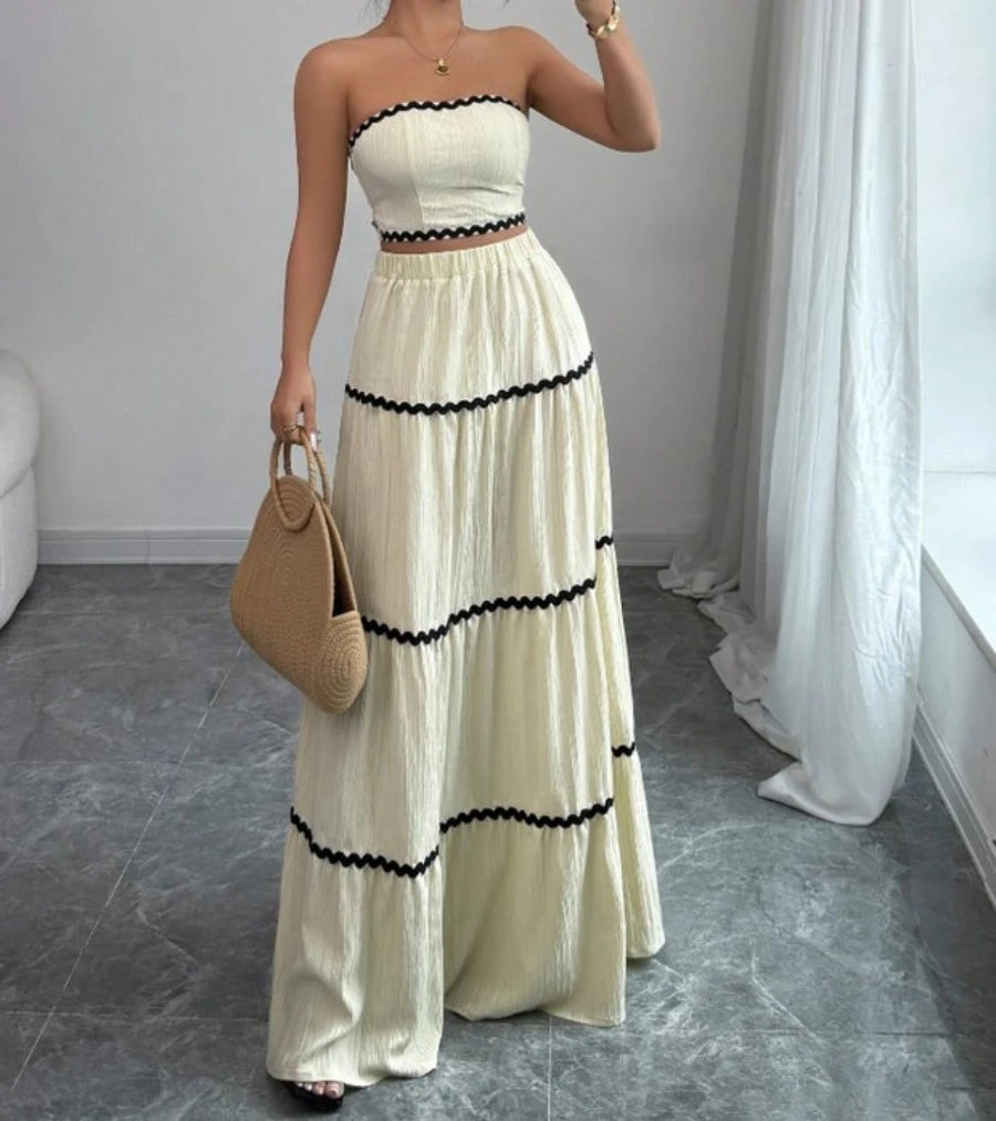 Women's Maxi Skirt Set Summer Beige Sleeveless Wrap Top & Maxi Skirt 2 Piece Sets Fashion Casual Beach Vacation Sets