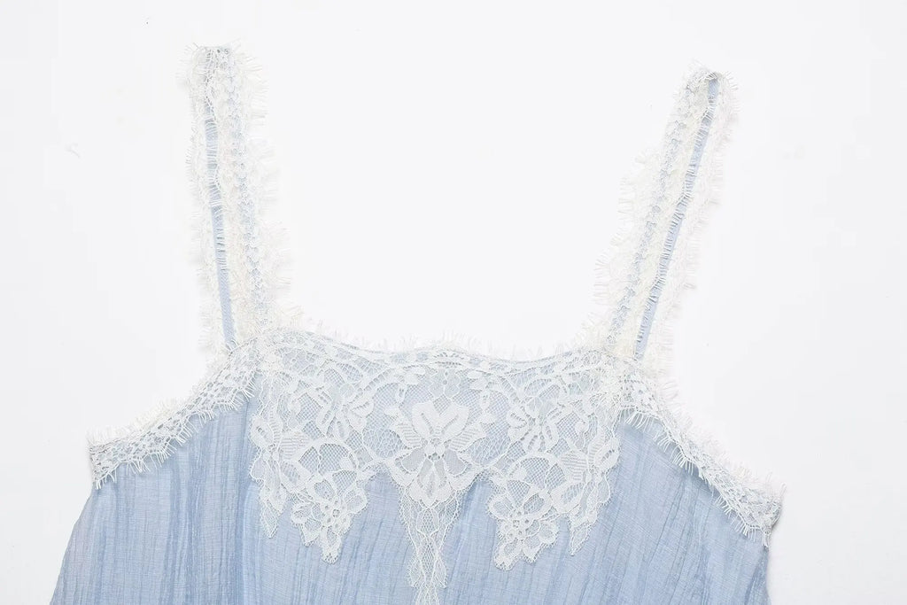 KONDALA Casual Chic Lace Skirt Set Women Holidays Summer Sky Blue Camisole,Midi Skirt 2026 Trendy Beach Leisure Street Skirt Set