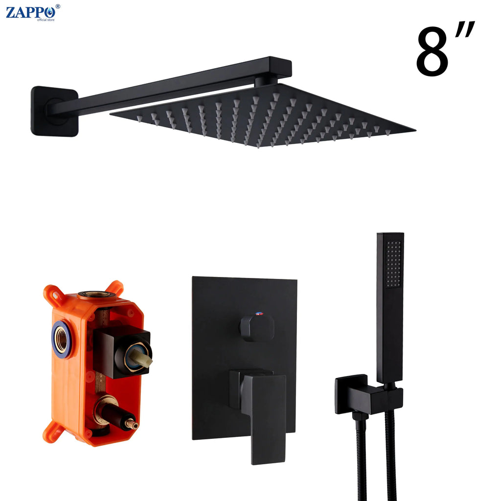 ZAPPO Black Shower Set Wall Mounted Shower Faucet Mixer 8/10/12/16 inch Rainfall Shower Head Bathroom Shower Systerm Tap