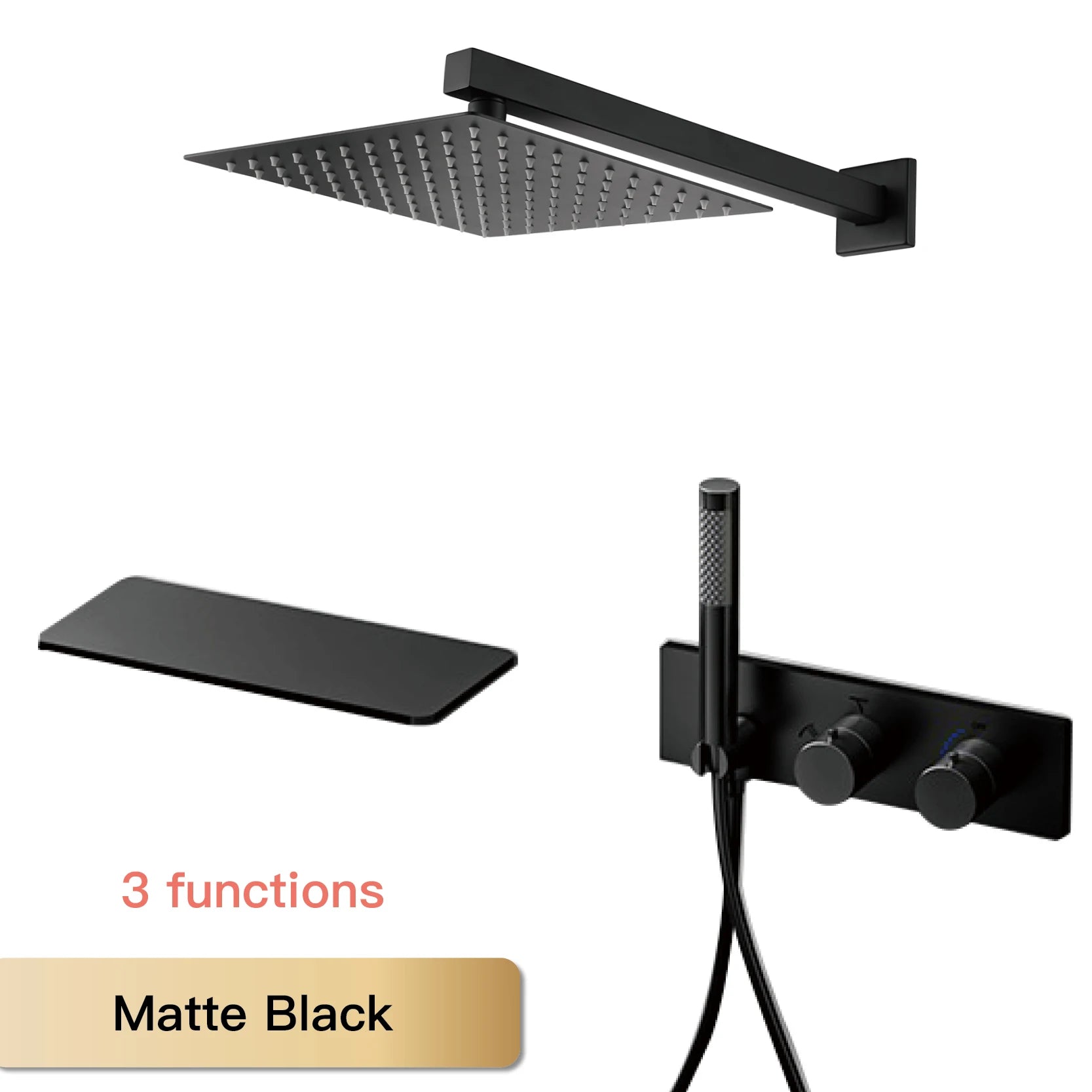 Modern Black Brass Bathroom Thermostatic Ceiling Type Shower System Wall-Mounted 3-Function Waterfall Tap for Cold & Hot Wate
