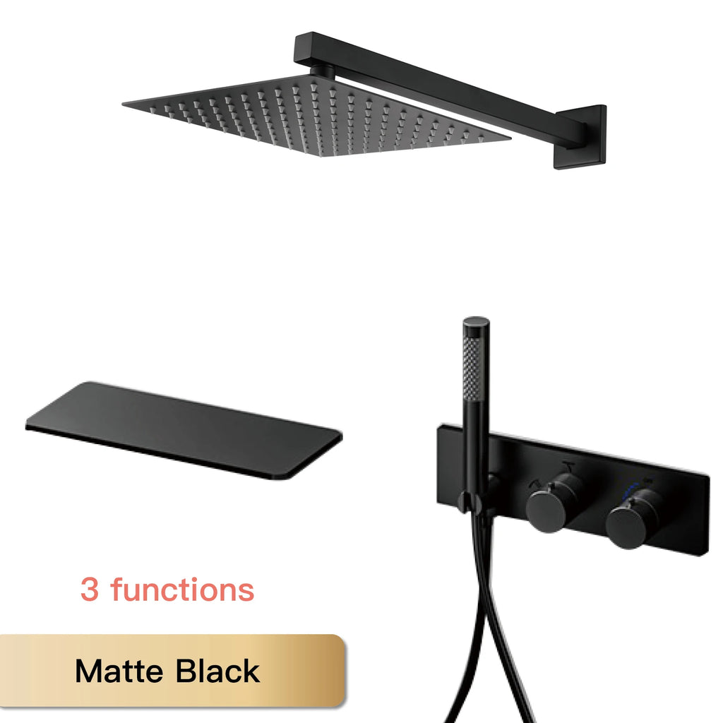 Modern Black Brass Bathroom Thermostatic Ceiling Type Shower System Wall-Mounted 3-Function Waterfall Tap for Cold & Hot Wate