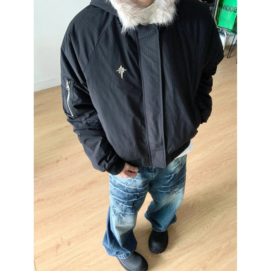 Retro American Cotton Jaet Men's Hooded ort Thiened Large Fur Collar Winter Warm Coat Cleanfit Outerwear Casual Youth