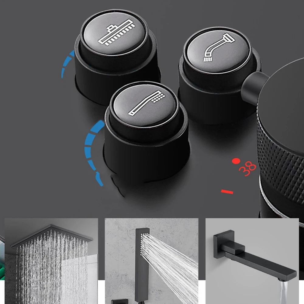 ZAPPO Matte Black Concealed Shower Sets Thermostatic Bathroom Shower Faucet 3 Ways Shower System Rainfall Head Wall Mounted