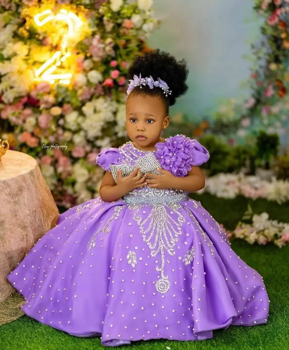 Luxury Lavender Girls Birthday Dress Beading With Bow Floral Flower Girl Dresses Queen Ball Gowns for Wedding Party Customized