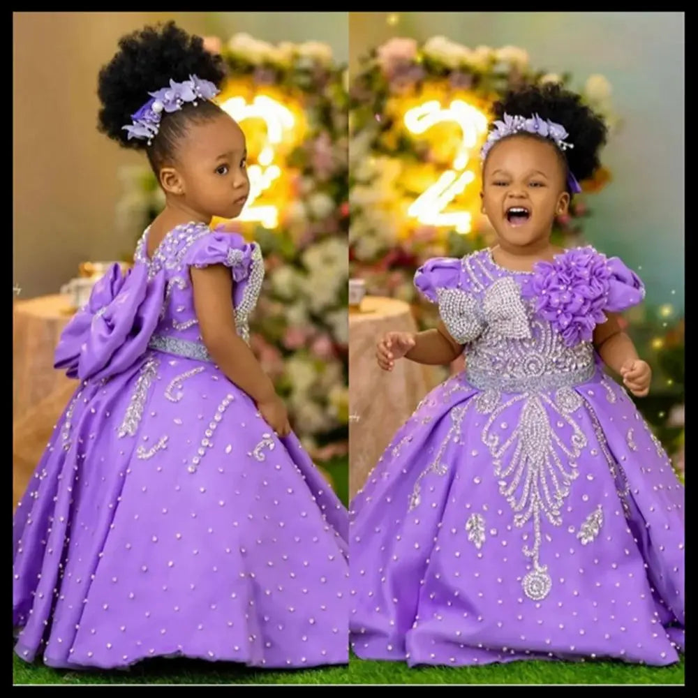 Luxury Lavender Girls Birthday Dress Beading With Bow Floral Flower Girl Dresses Queen Ball Gowns for Wedding Party Customized