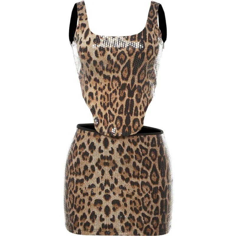 Nibber Street Sexy Wild 2 Piece Set Women 2025 Summer Trend Leopard Sequin Backless Crop Top+Skinny Mini Skirts Matching Suit