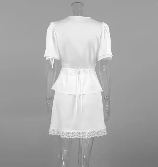Two Piece Set Women Outfit 2026 Spring Summer New Solid Color Lace Patchwork V-Neck Short Sleeve Top & Casual Mini Skirt Set