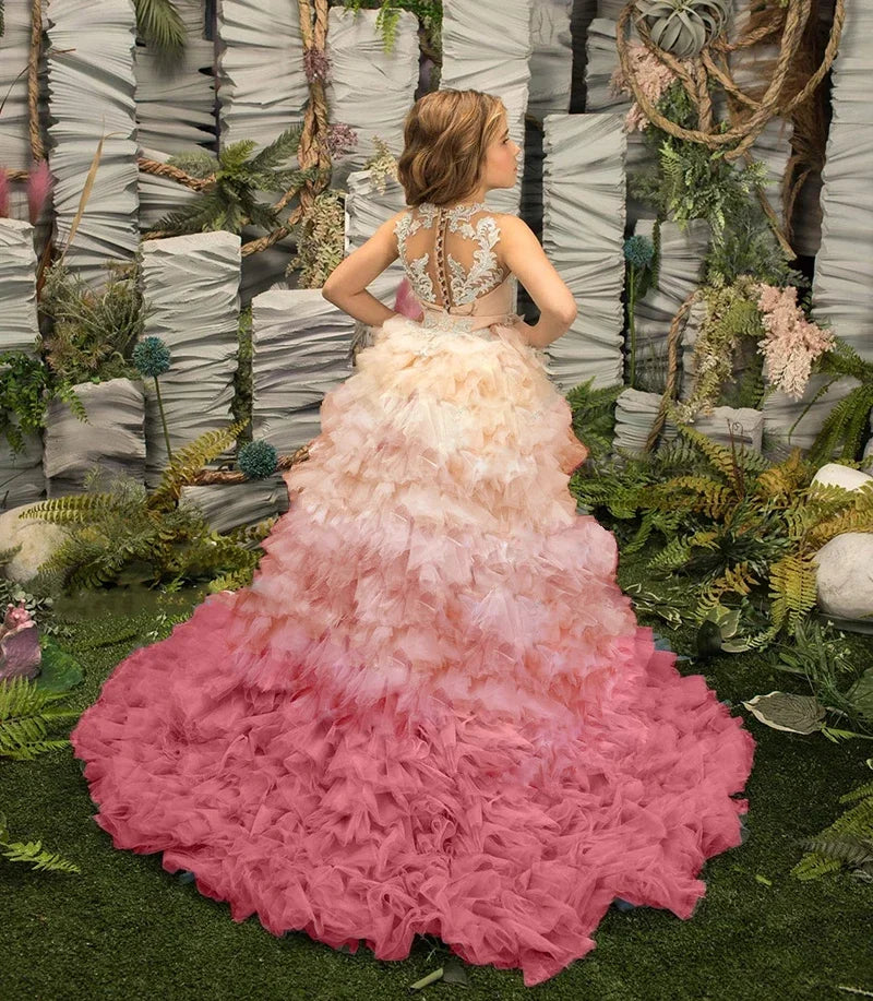 Tiered Tulle Flower Girl Dresses For Wedding With Detachable Train High Low Toddler Girls Pageant Dress Kids Party Ball Gown