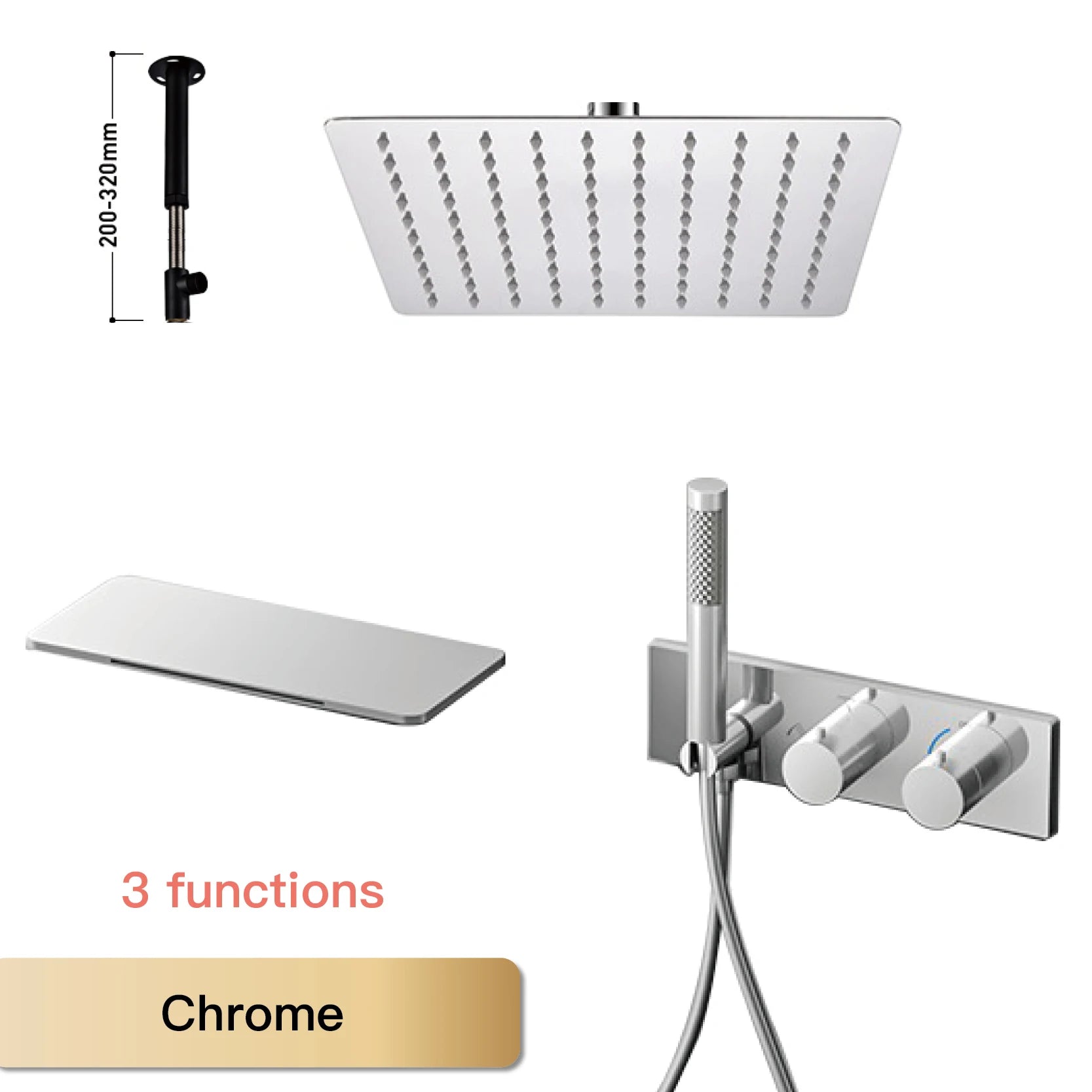 Modern Black Brass Bathroom Thermostatic Ceiling Type Shower System Wall-Mounted 3-Function Waterfall Tap for Cold & Hot Wate