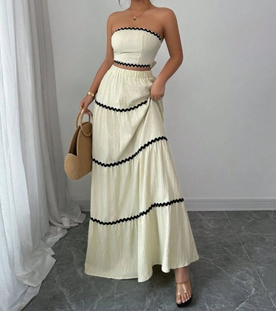 Women's Maxi Skirt Set Summer Beige Sleeveless Wrap Top & Maxi Skirt 2 Piece Sets Fashion Casual Beach Vacation Sets