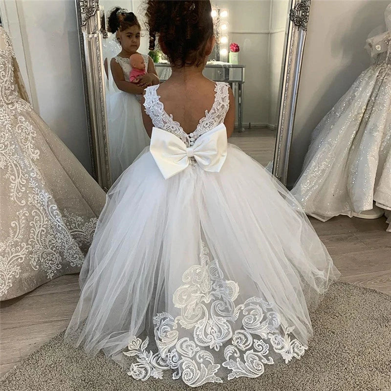 MisShow Flower Girl Dresses Princess For Wedding Party Bow Tie Back Girls Lace Dress For Kids 3-9 Years Ball Gown