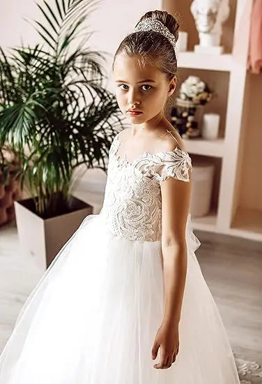 MisShow Flower Girl Dresses Princess For Wedding Party Bow Tie Back Girls Lace Dress For Kids 3-9 Years Ball Gown