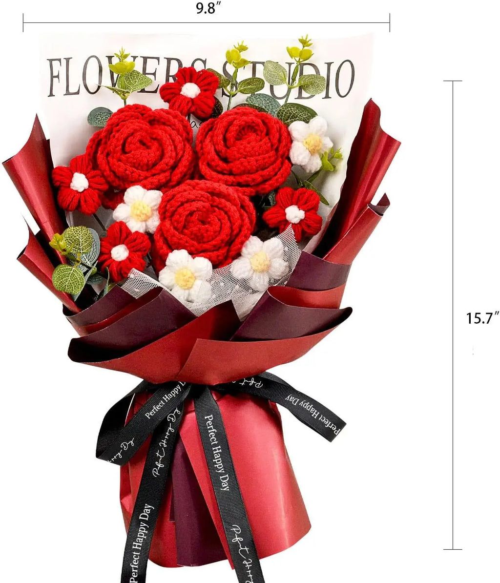 Handmade Crochet Red Rose Flowers Bouquet, Crochet Flower Bouquets for Mother's Day, Valentines, Anniversary, Birthday Gift