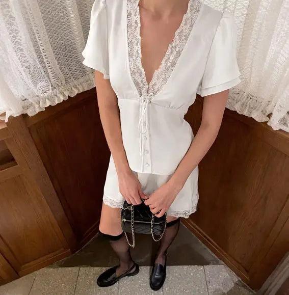 Two Piece Set Women Outfit 2026 Spring Summer New Solid Color Lace Patchwork V-Neck Short Sleeve Top & Casual Mini Skirt Set