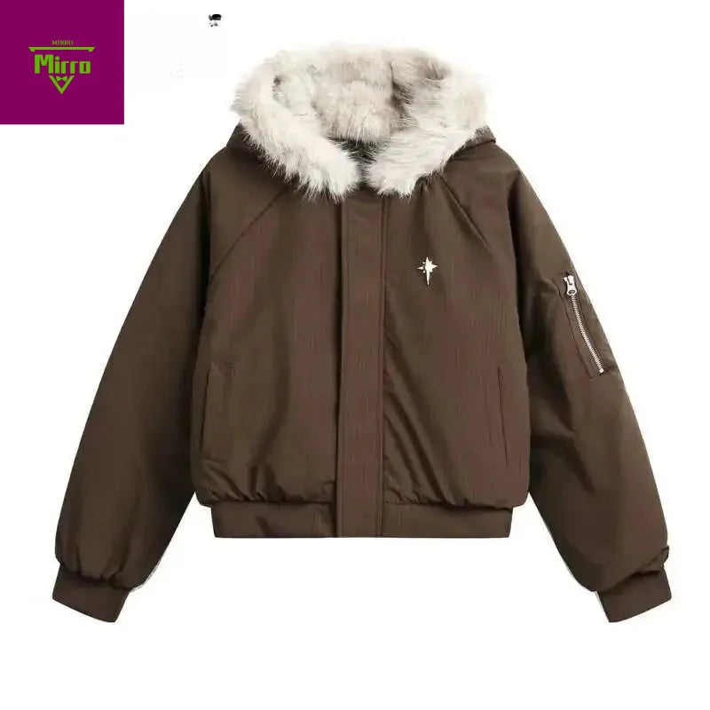 Unisex Winter Warm Fur Collar Hooded Quilted Padded Jacket 2024 Trend New Brown Loose Causal Short Style Cotton-padded Coat