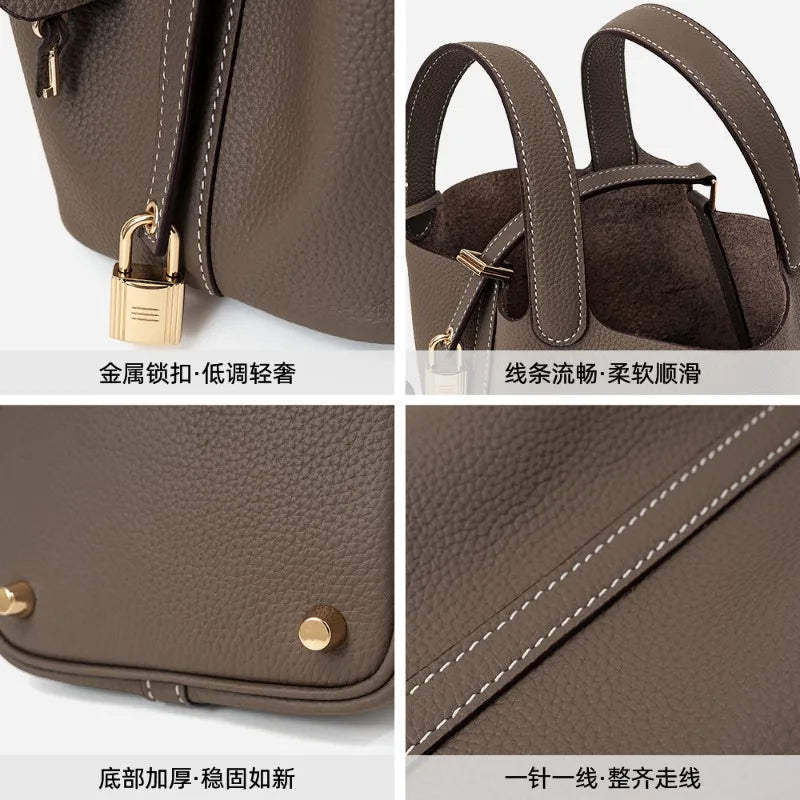 Bucket bag, genuine leather women's bag, vegetable basket bag, mommy bag, bride's wedding bag, light luxury high-end handbag