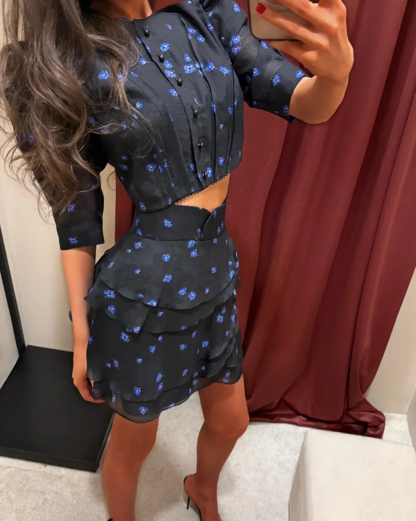 Women's Fashion Print Mini Skirt Set Bubble Sleeves O-neck Crop Top Layered Ruffle Suits 2026 Summer Lady New Highstreet Outwear