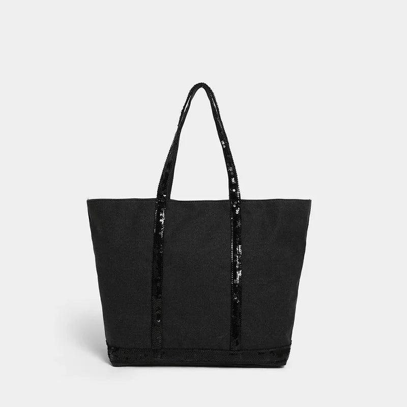 French Sequined Large-capacity Tote Bag Brand Designed Canvas Handbag Contrast Vintage Shoulder Bag Women's Business Travel Bags