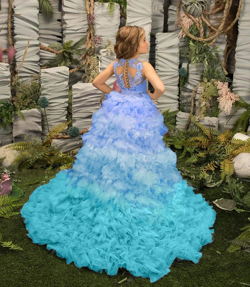 Tiered Tulle Flower Girl Dresses For Wedding With Detachable Train High Low Toddler Girls Pageant Dress Kids Party Ball Gown