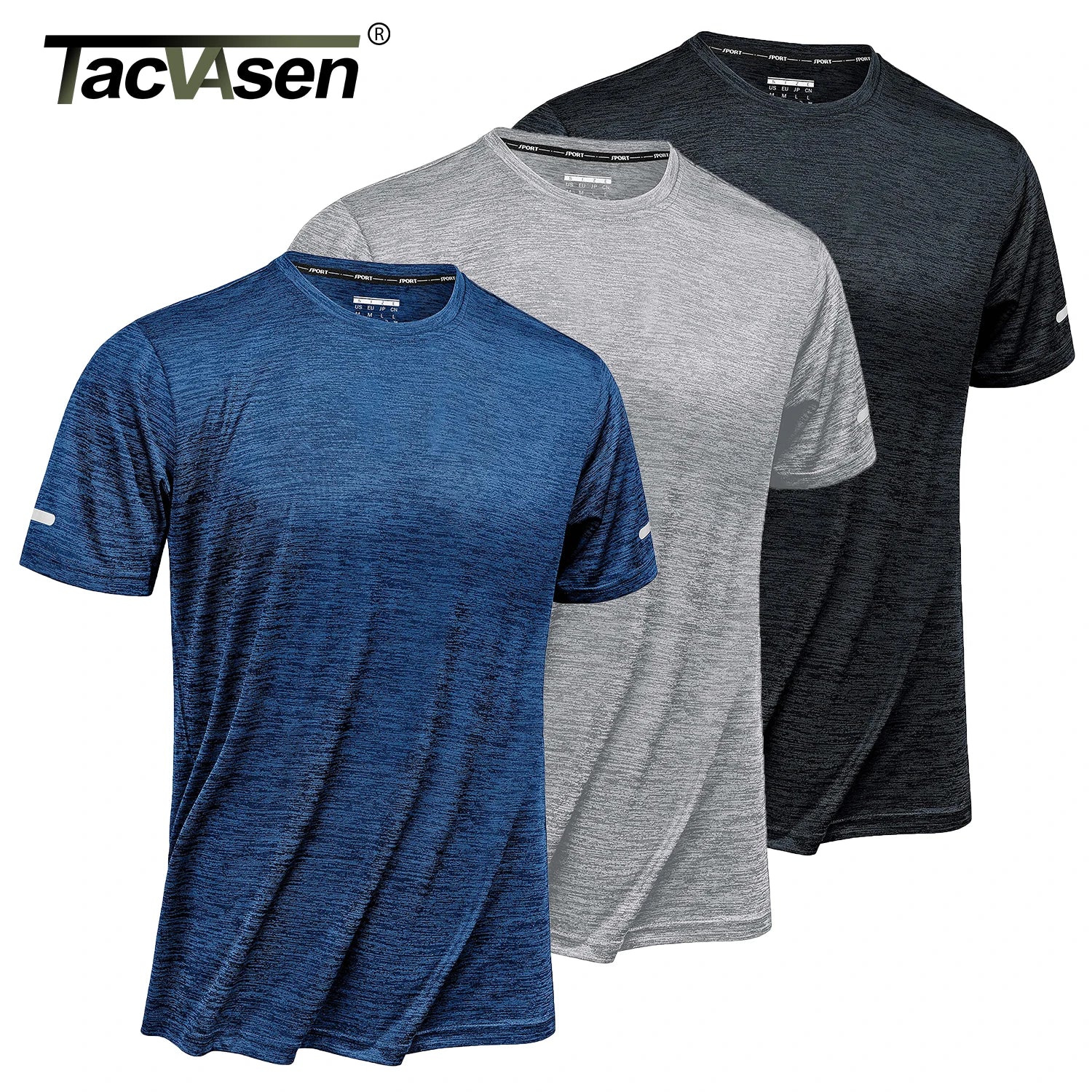 TACVASEN 3 Packs Quick Dry Summer T-shirts Reflective Stripe Men Running Fitness Tops Gym Training Shirt Breathable Sportswear