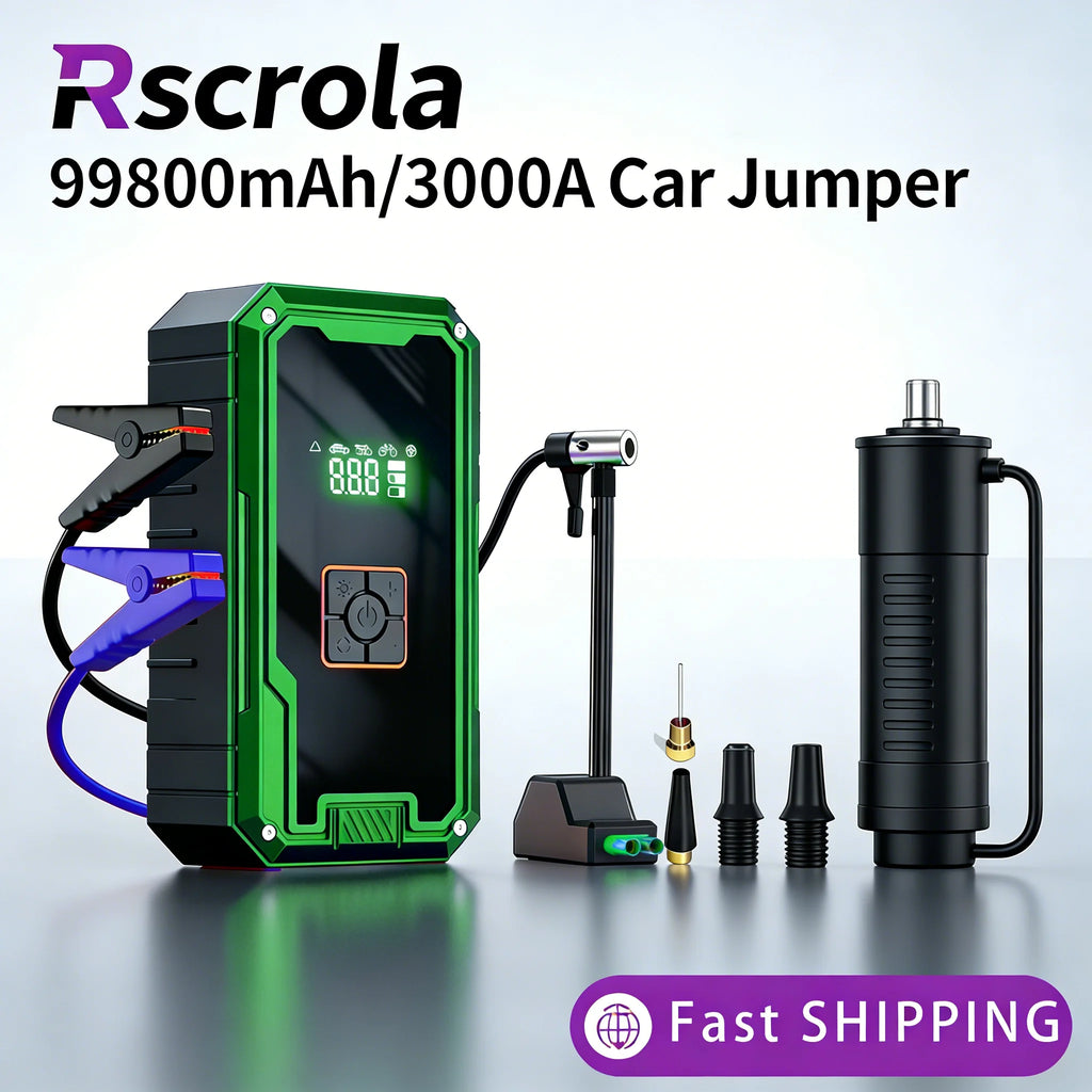 Portable 3000A 12V Jump Starter with 150PSI Compressor 99800mAh Power Bank LED