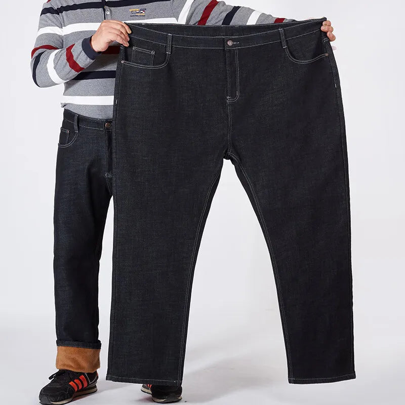 Men Plus Size 10XL Winter Warm Plush Jeans Stretch Loose Straight Baggy Denim Trousers for Comfortable Wear Oversize Streetwear